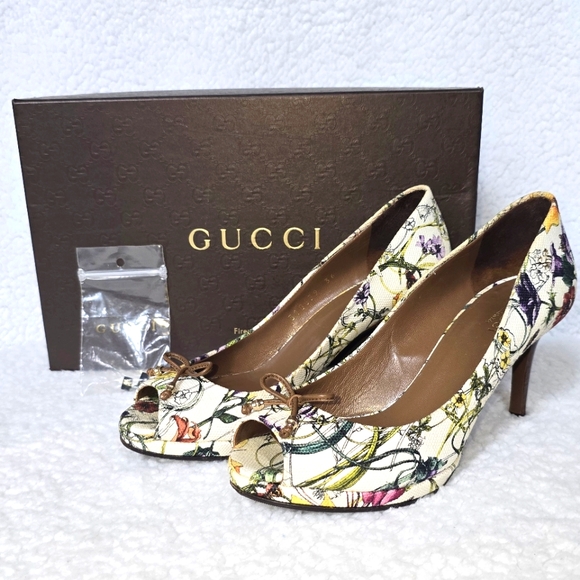 Gucci Canvas Flora White Multicolor Peep Toe Pumps - Picture 1 of 12